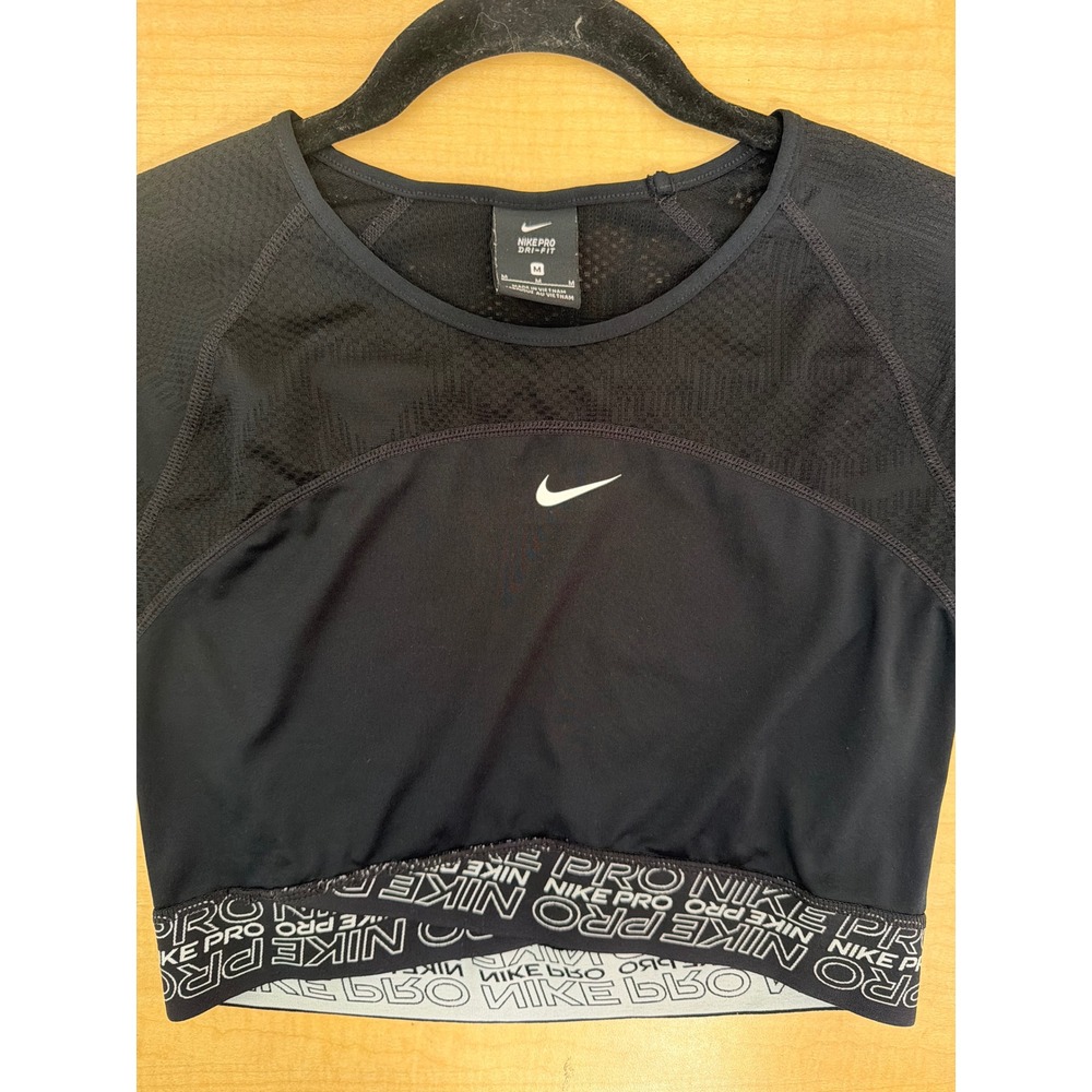 Nike Pro Dri-FIT Women Black Mesh Panel Short Sleeve Crop Training Top Medium